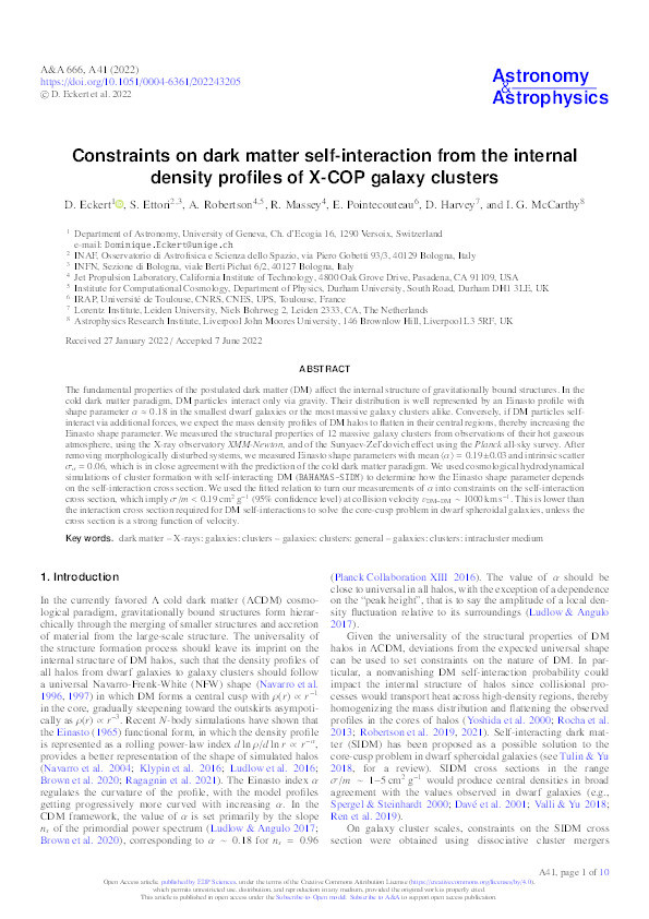 Constraints on dark matter self-interaction from the internal density profiles of X-COP galaxy clusters Thumbnail