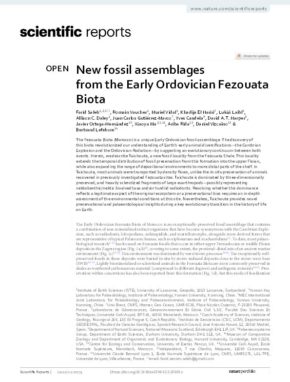 New fossil assemblages from the Early Ordovician Fezouata Biota Thumbnail