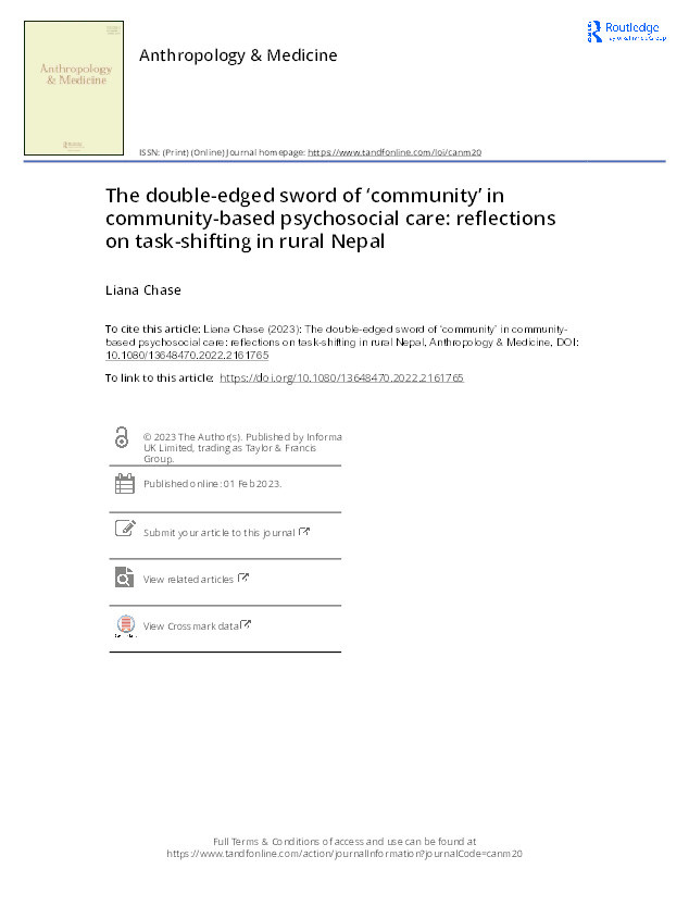 The double-edged sword of ‘community’ in community-based psychosocial care: Reflections on task-shifting in rural Nepal Thumbnail
