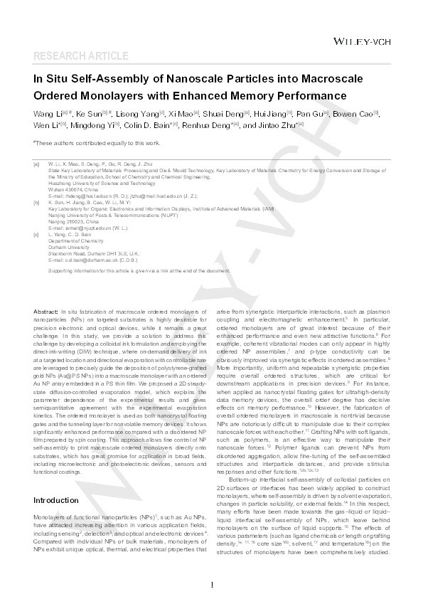 In Situ Self‐Assembly of Nanoscale Particles into Macroscale Ordered Monolayers with Enhanced Memory Performance Thumbnail