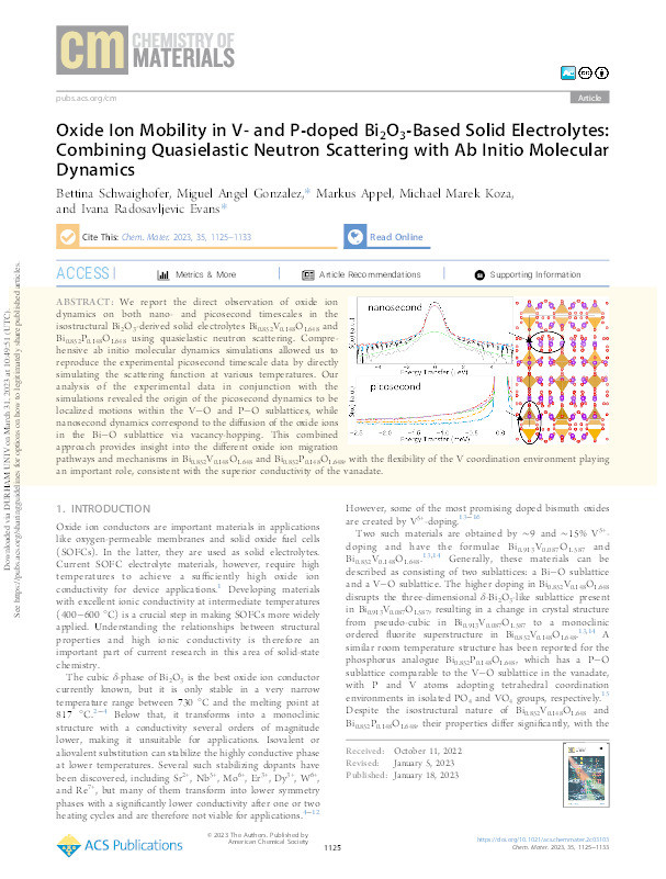 Oxide Ion Mobility in V- and P-doped Bi2O3-Based Solid Electrolytes: Combining Quasielastic Neutron Scattering with Ab Initio Molecular Dynamics Thumbnail