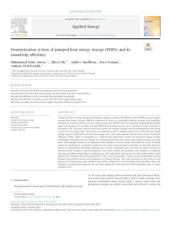 Demonstration system of pumped heat energy storage (PHES) and its round-trip efficiency Thumbnail