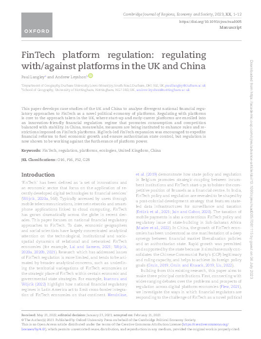 FinTech platform regulation: Regulating with/against platforms in the United Kingdom and China Thumbnail
