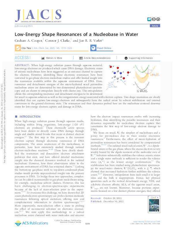 Low-Energy Shape Resonances of a Nucleobase in Water Thumbnail
