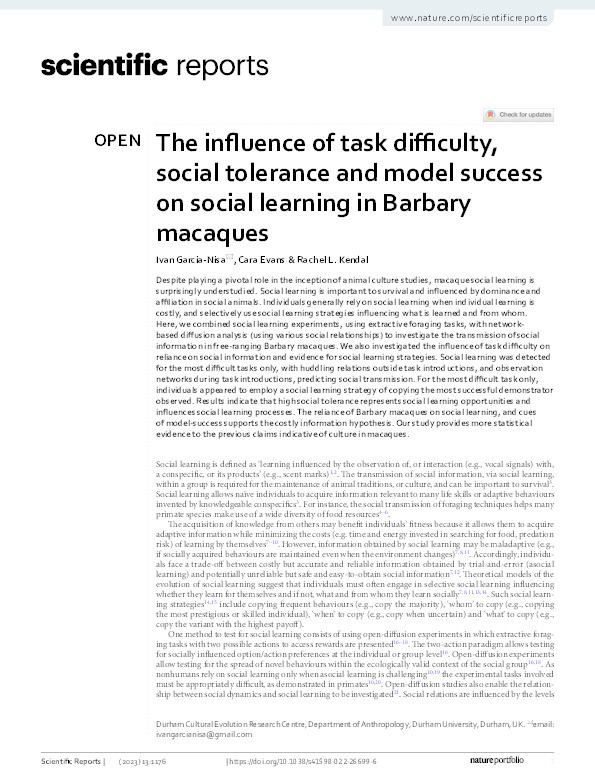 The influence of task difficulty, social tolerance and model success on social learning in Barbary macaques Thumbnail