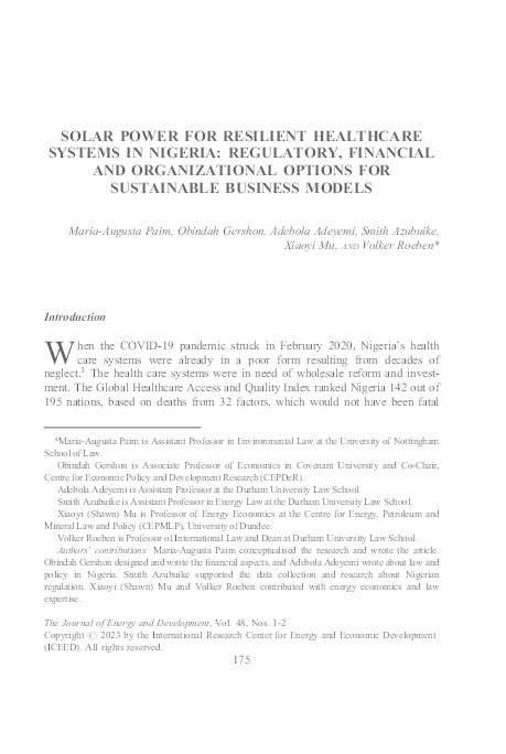 Solar Power for Resilient Healthcare Systems in Nigeria: Regulatory, Financial and Organizational Options for Sustainable Business Models Thumbnail