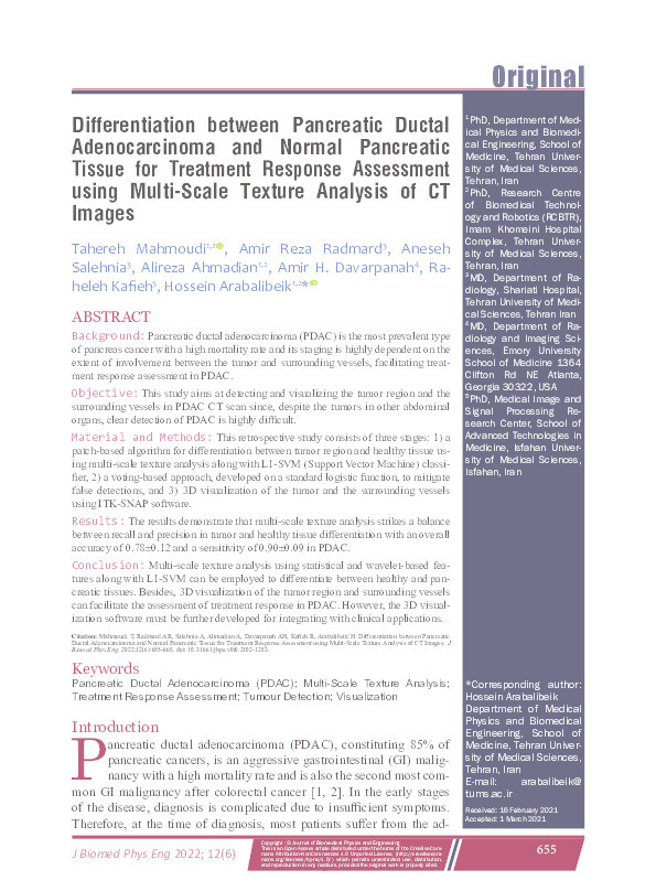Differentiation between Pancreatic Ductal Adenocarcinoma and Normal Pancreatic Tissue for Treatment Response Assessment using Multi-Scale Texture Analysis of CT Images Thumbnail