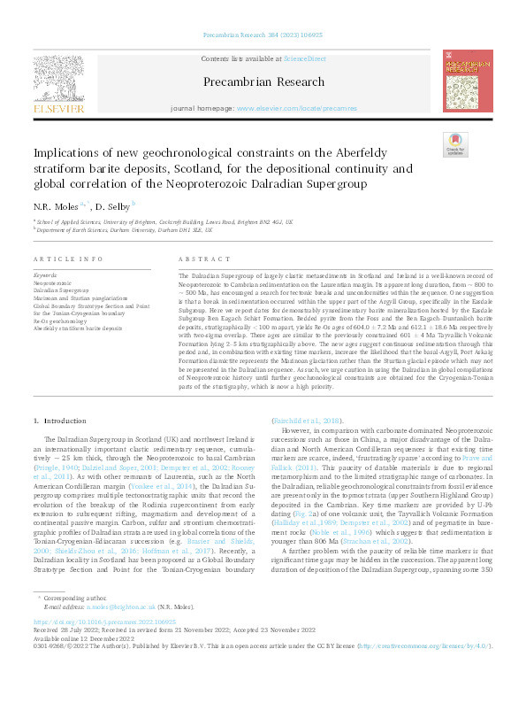 Implications of new geochronological constraints on the Aberfeldy stratiform barite deposits, Scotland, for the depositional continuity and global correlation of the Neoproterozoic Dalradian Supergroup Thumbnail