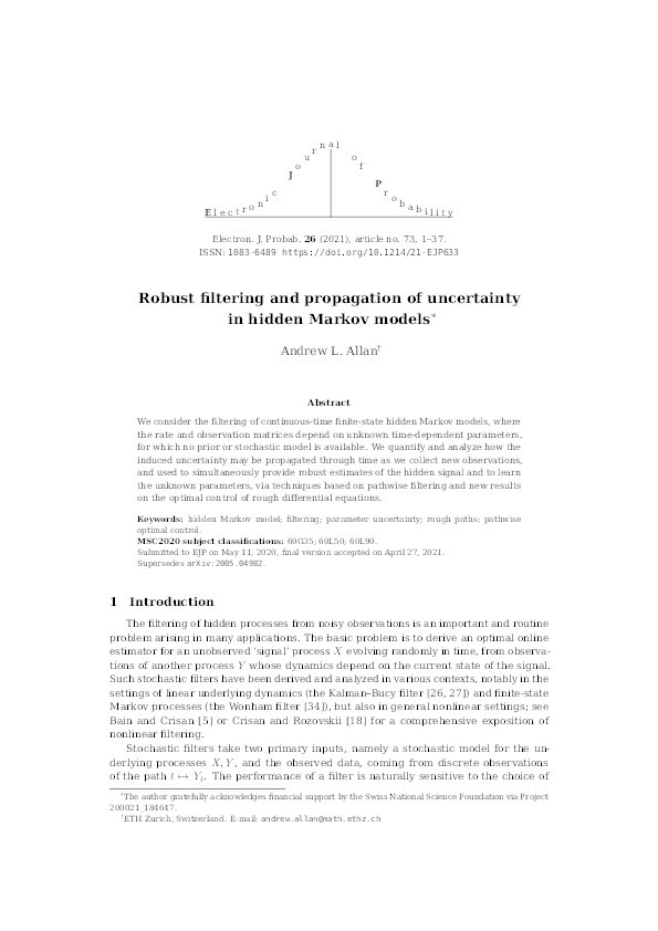 Robust filtering and propagation of uncertainty in hidden Markov models Thumbnail