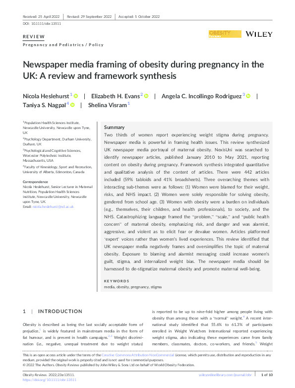 Newspaper media framing of obesity during pregnancy in the UK: A review and framework synthesis Thumbnail