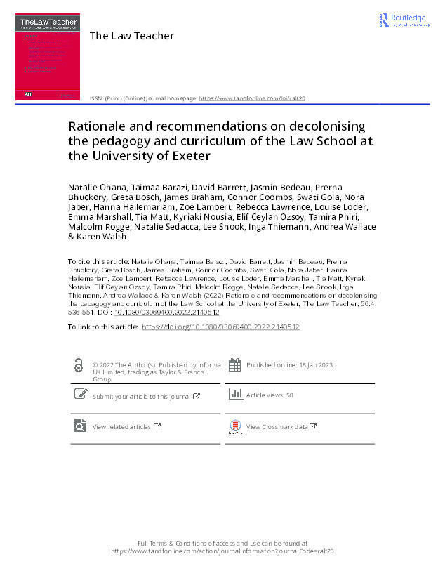 Rationale and recommendations on decolonising the pedagogy and curriculum of the Law School at the University of Exeter Thumbnail