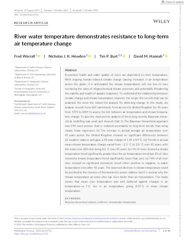 River water temperature demonstrates resistance to long‐term air temperature change Thumbnail