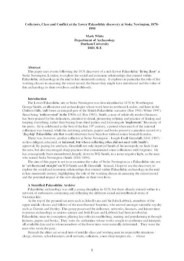 Collectors, class and conflict at the Lower Palaeolithic discovery at Stoke Newington, 1878-1884 Thumbnail