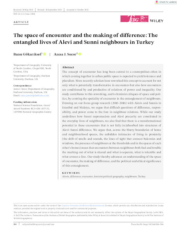 The space of encounter and the making of difference: The entangled lives of Alevi and Sunni neighbours in Turkey Thumbnail