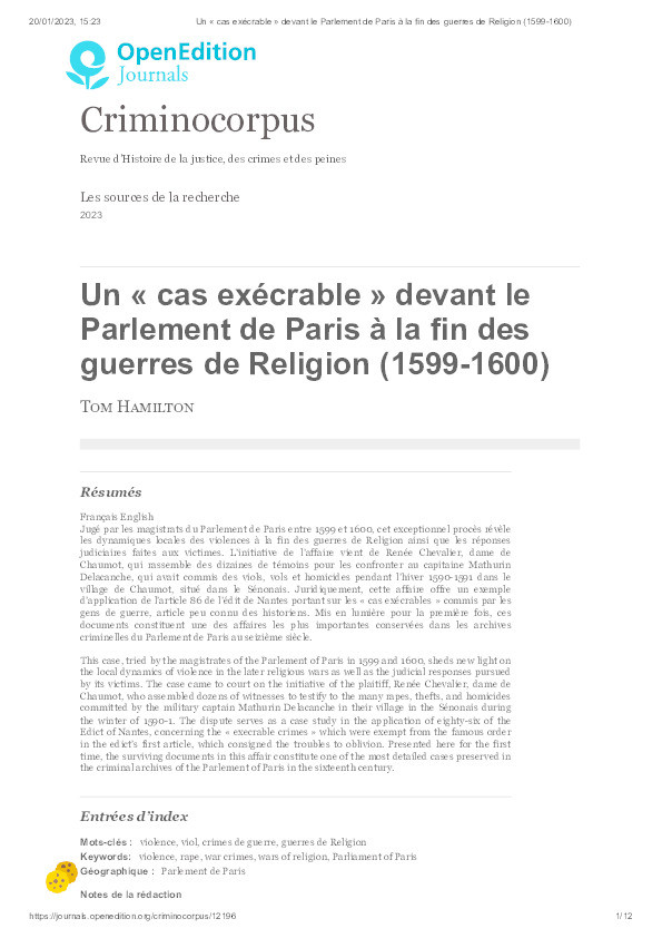 Un 'cas exécrable' devant le Parlement de Paris à la fin des guerres de Religion (1599-1600) Thumbnail