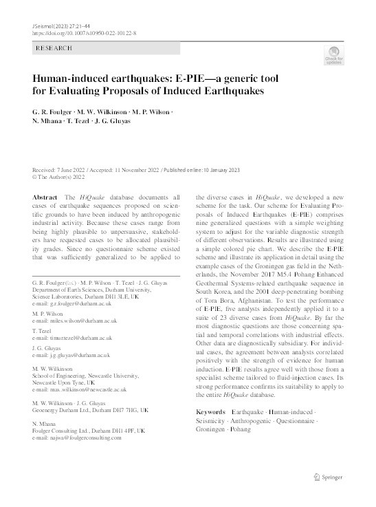 Human-induced earthquakes: E-PIE—a generic tool for Evaluating Proposals of Induced Earthquakes Thumbnail