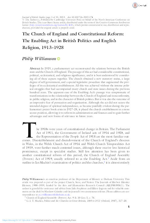 The Church of England and constitutional reform: the Enabling Act in British politics and English religion, 1913–1928 Thumbnail