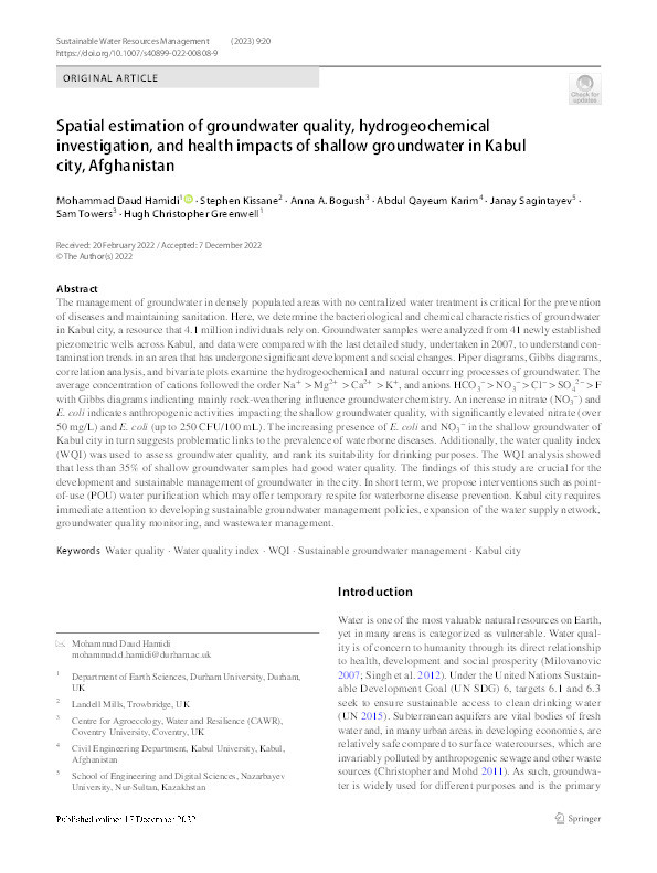 Spatial estimation of groundwater quality, hydrogeochemical investigation, and health impacts of shallow groundwater in Kabul city, Afghanistan Thumbnail