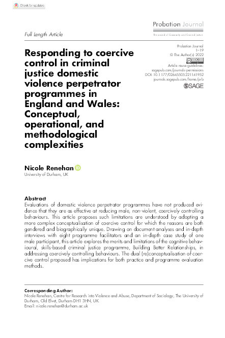 Responding to coercive control in criminal justice domestic violence perpetrator programmes in England and Wales: Conceptual, operational, and methodological complexities Thumbnail