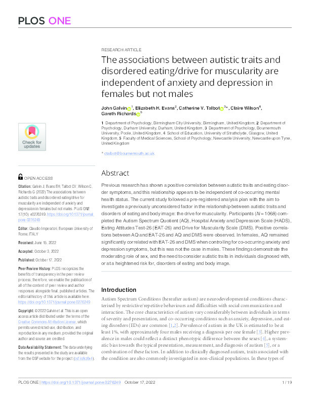 The associations between autistic traits and disordered eating/drive for muscularity are independent of anxiety and depression in females but not males Thumbnail