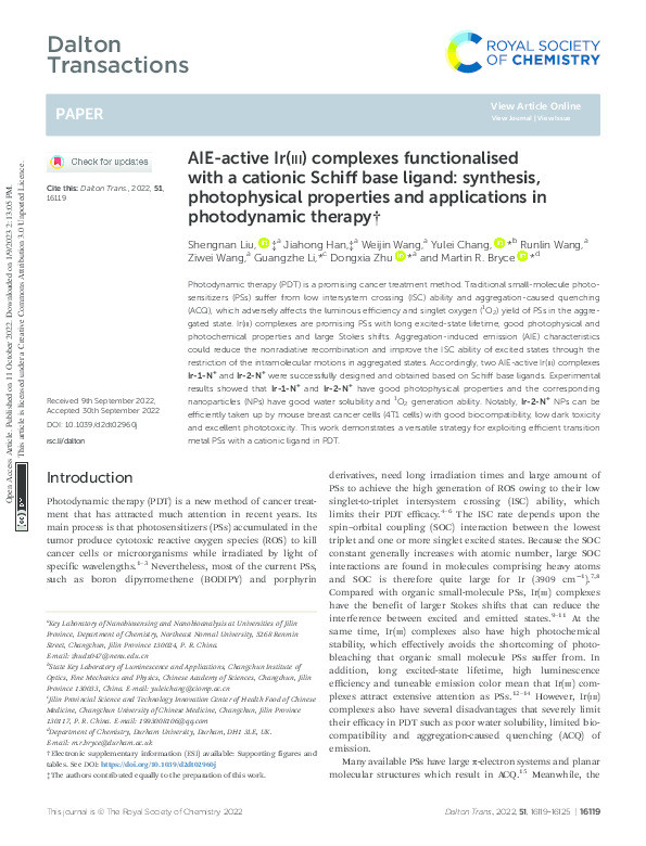 AIE-active Ir(iii) complexes functionalised with a cationic Schiff base ligand: synthesis, photophysical properties and applications in photodynamic therapy Thumbnail