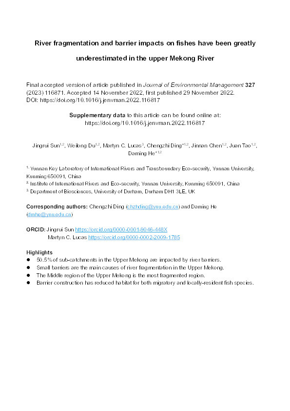 River fragmentation and barrier impacts on fishes have been greatly underestimated in the upper Mekong River Thumbnail