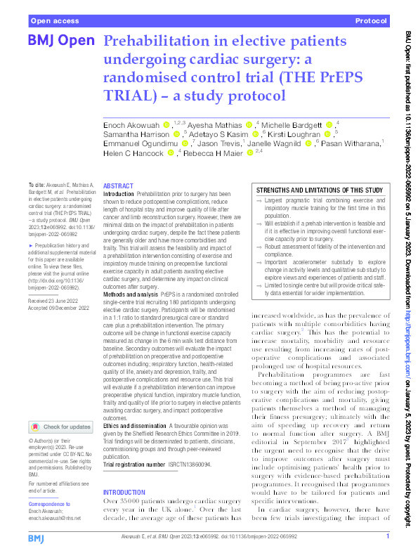 Prehabilitation in elective patients undergoing cardiac surgery: a randomised control trial (THE PrEPS TRIAL) – a study protocol Thumbnail