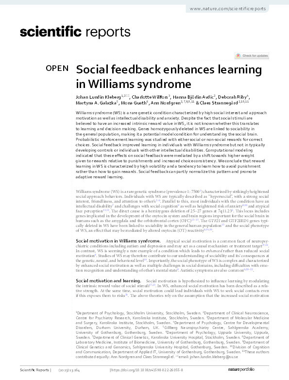 Social feedback enhances learning in Williams syndrome Thumbnail