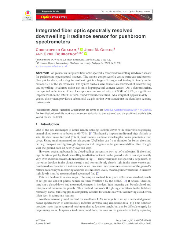 Integrated fiber optic spectrally resolved downwelling irradiance sensor for pushbroom spectrometers Thumbnail