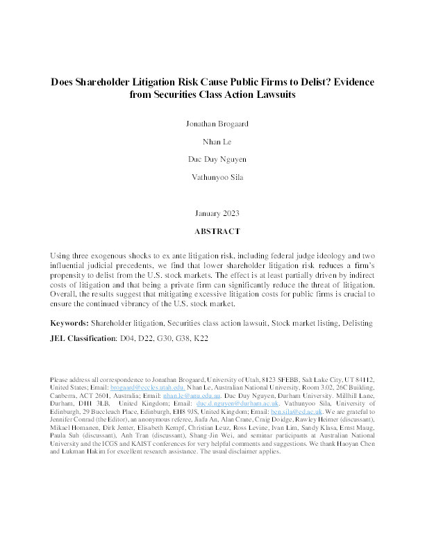 Does Shareholder Litigation Risk Cause Public Firms to Delist? Evidence from Securities Class Action Lawsuits Thumbnail