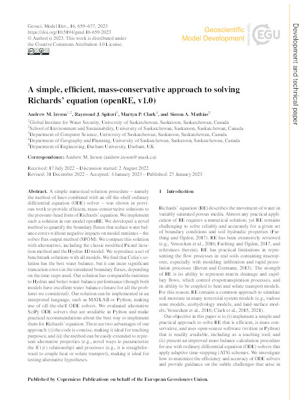 A simple, efficient, mass-conservative approach to solving Richards' equation (openRE, v1.0) Thumbnail