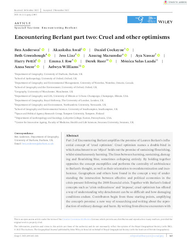 Encountering Berlant part two: Cruel and other optimisms Thumbnail