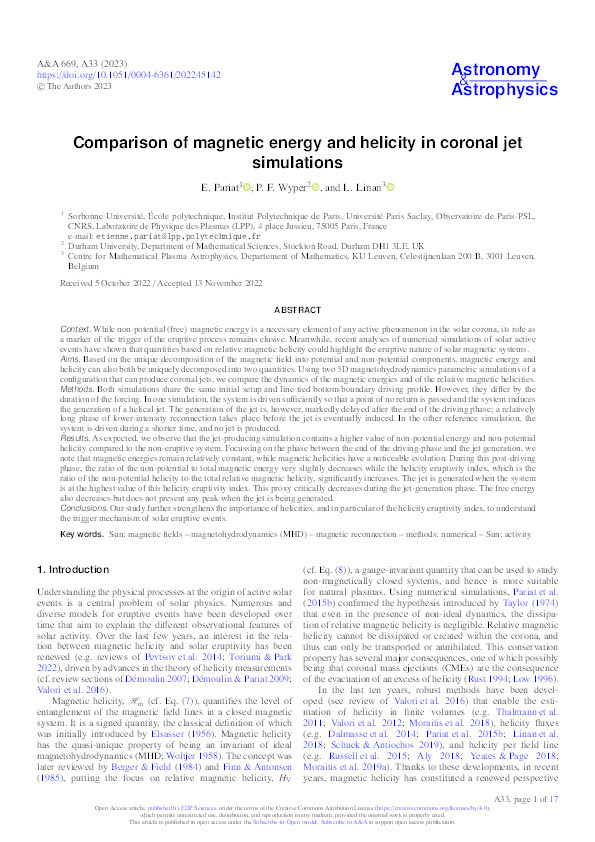 Comparison of magnetic energy and helicity in coronal jet simulations Thumbnail