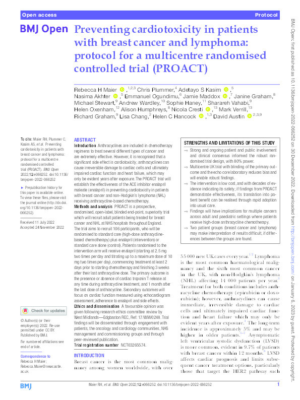 Preventing cardiotoxicity in patients with breast cancer and lymphoma: protocol for a multicentre randomised controlled trial (PROACT) Thumbnail