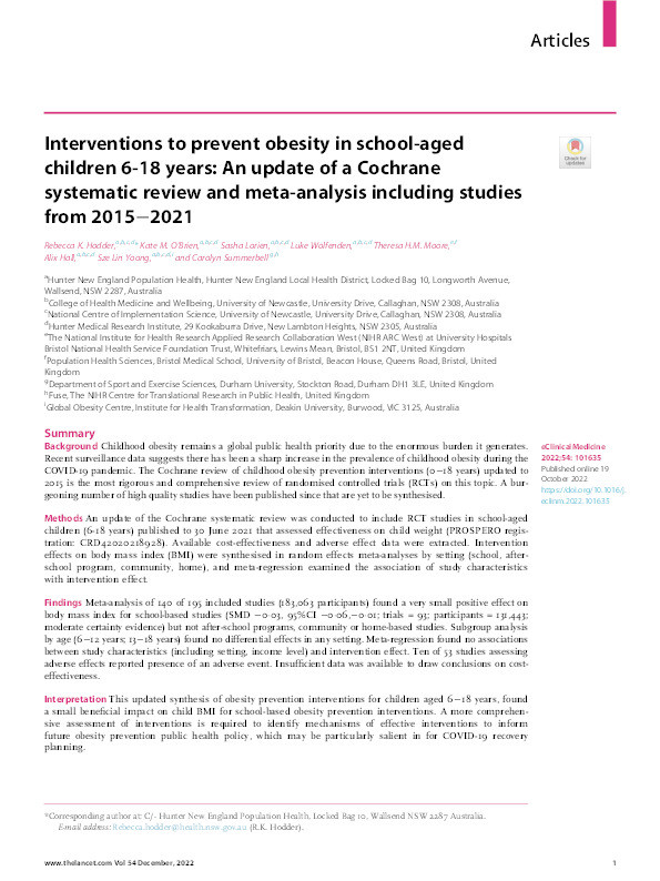 Interventions to prevent obesity in school-aged children 6-18 years: An update of a Cochrane systematic review and meta-analysis including studies from 2015–2021 Thumbnail