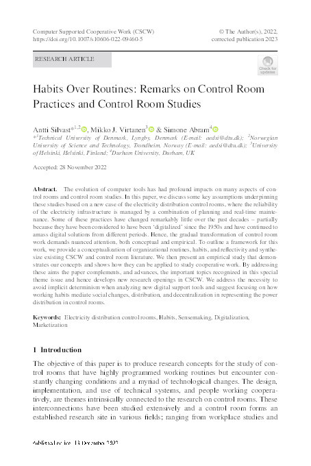 Habits Over Routines: Remarks on Control Room Practices and Control Room Studies Thumbnail