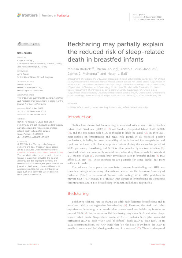 Bedsharing may partially explain the reduced risk of sleep-related death in breastfed infants Thumbnail