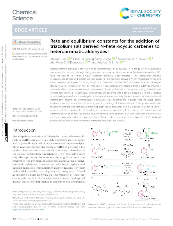 Rate and equilibrium constants for the addition of triazolium salt derived N-heterocyclic carbenes to heteroaromatic aldehydes Thumbnail