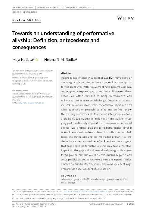 Towards an understanding of performative allyship: Definition, antecedents and consequences Thumbnail