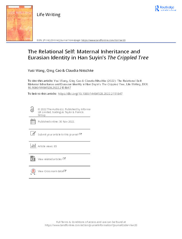 The Relational Self: Maternal Inheritance and Eurasian Identity in Han Suyin’s The Crippled Tree Thumbnail