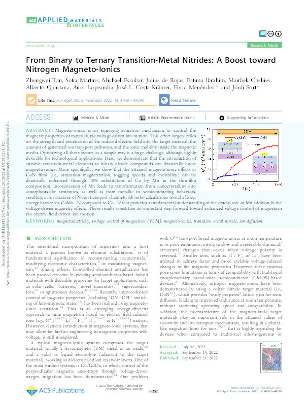 From Binary to Ternary Transition-Metal Nitrides: A Boost toward Nitrogen Magneto-Ionics Thumbnail