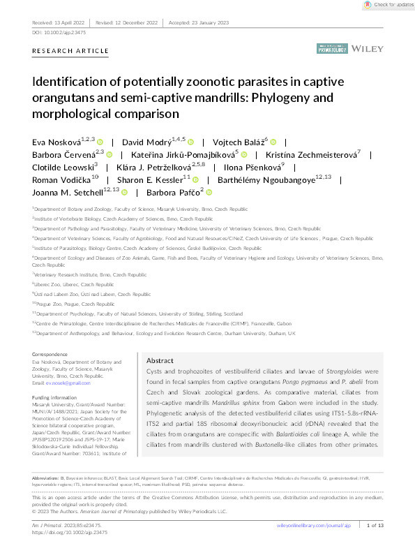 Identification of potentially zoonotic parasites in captive orangutans and semi-captive mandrills: phylogeny and morphological comparison Thumbnail