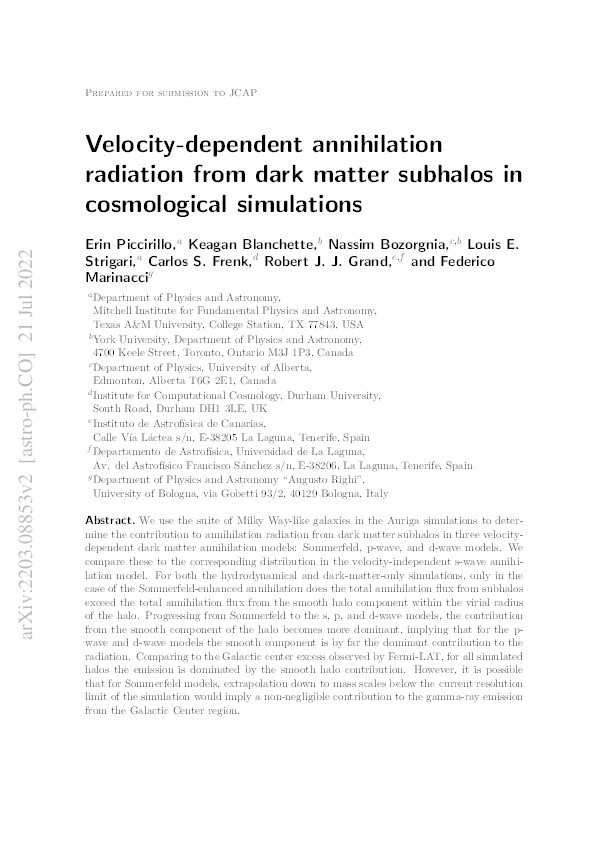Velocity-dependent annihilation radiation from dark matter subhalos in cosmological simulations Thumbnail