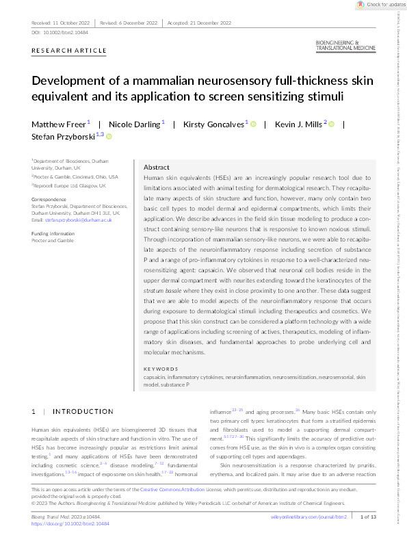 Development of a mammalian neurosensory full‐thickness skin equivalent and its application to screen sensitizing stimuli Thumbnail