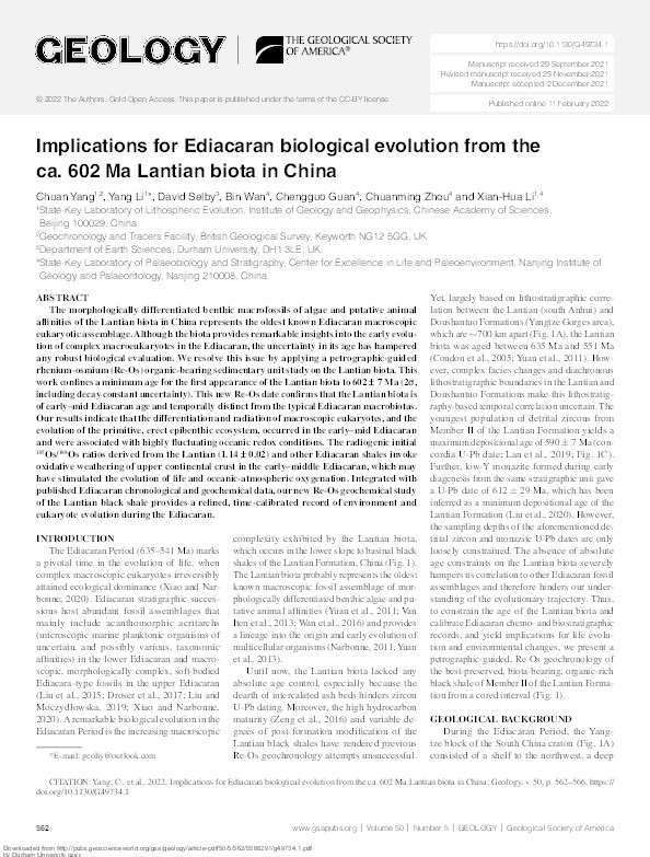 Implications for Ediacaran biological evolution from the ca. 602 Ma Lantian biota in China Thumbnail