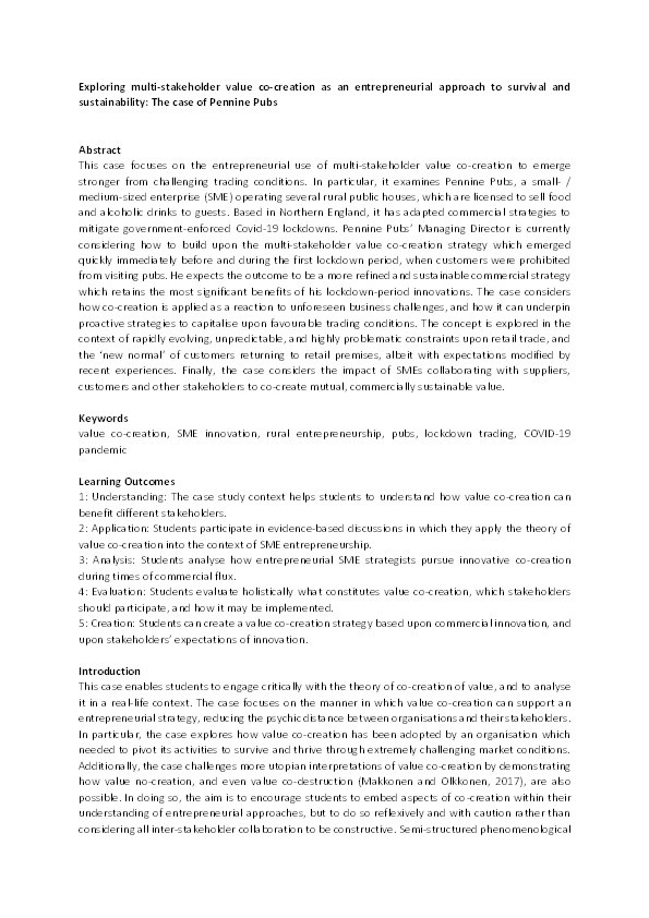 Exploring multi-stakeholder value co-creation as an entrepreneurial approach to survival and sustainability: The case of Pennine Pubs Thumbnail