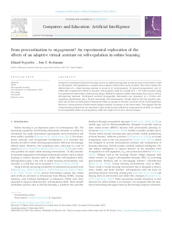 From procrastination to engagement? An experimental exploration of the effects of an adaptive virtual assistant on self-regulation in online learning Thumbnail