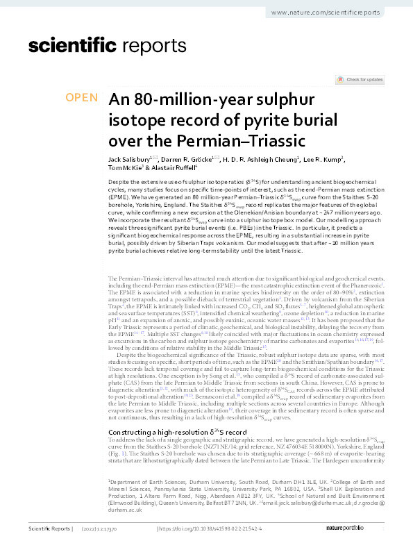 An 80-million-year sulphur isotope record of pyrite burial over the Permian–Triassic Thumbnail