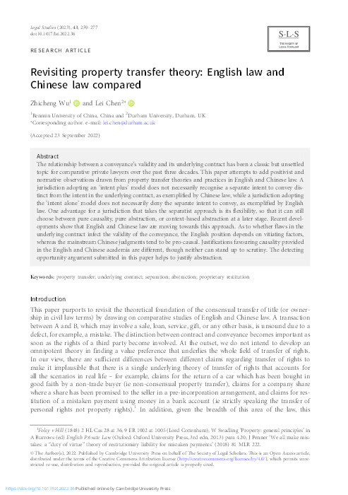 Revisiting property transfer theory: English law and Chinese law compared Thumbnail