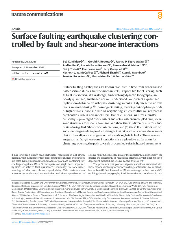 Surface faulting earthquake clustering controlled by fault and shear-zone interactions Thumbnail